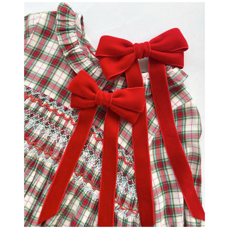 Little Love 'Ever After' velvet bow hair clip in true red, red velvet hairbow for christmas, red velvet hairbow, red velvet bow barrette, bow barrette, Christmas Hair bows, girls hair accessories uk, red Christmas hair bow,tartan dress with red bows, christmas tartan dress and red bow flatlay
