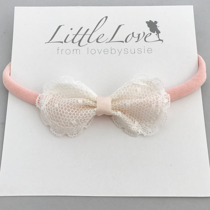 Sophia Spot Lace Bow Baby Headband, Baby or Toddler Ivory bow headband in Ivory and Pale Pink, Ivory Baby Bow Baby Bow For Wedding, Ivory Christening headband, Toddler Bow, Pink Baby Headband, Ivory Baby Bow Headband