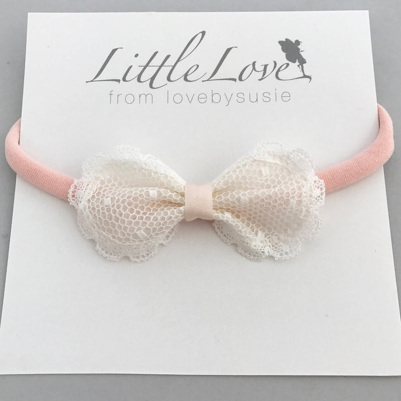 Sophia Spot Lace Bow Baby Headband, Baby or Toddler Ivory bow headband in Ivory and Pale Pink, Ivory Baby Bow Baby Bow For Wedding, Ivory Christening headband, Toddler Bow, Pink Baby Headband, Ivory Baby Bow Headband
