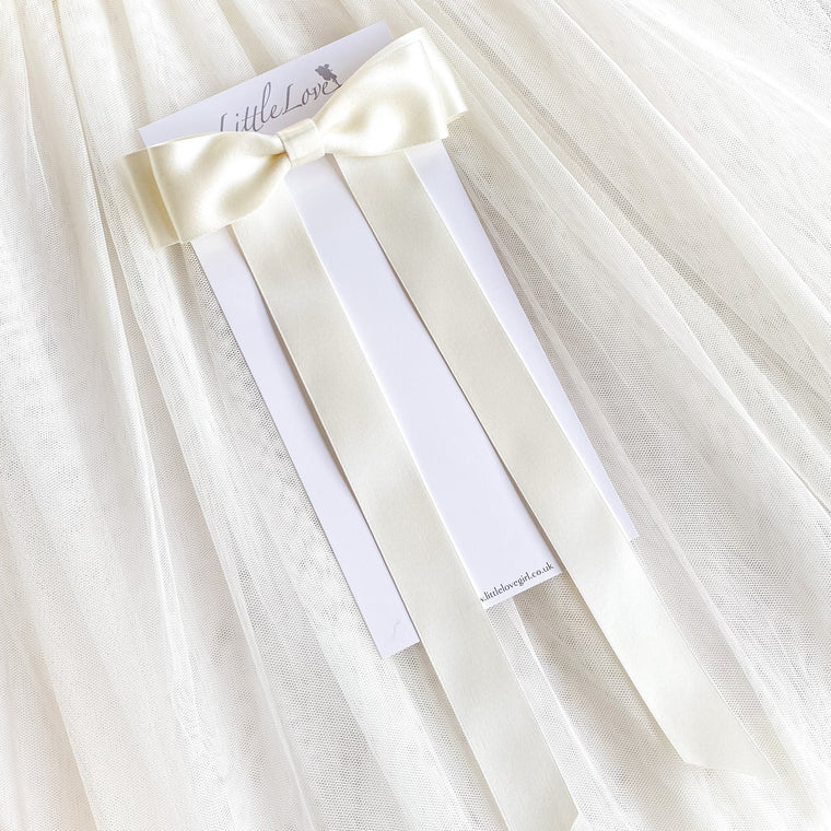 Fleur Satin Bow Barrette in Ivory, perfect for flower girls and weddings, Oversize satin hair bow, Ivory satin hair bow, silk satin hair bow uk, Ivory bow for flower girl, flower girl bow satin, large silk bow uk, cream satin bow, barrette, hair bow for flower girl, flower girl hair accessory