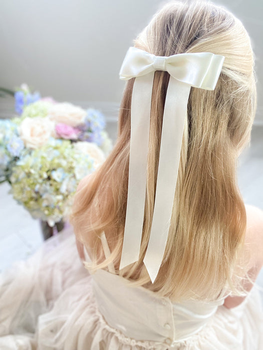 Fleur Satin Bow Barrette in Ivory, perfect for flower girls and weddings, Oversize satin hair bow, Ivory satin hair bow, silk satin hair bow uk, Ivory bow for flower girl, flower girl bow satin, large silk bow uk, cream satin bow, barrette, hair bow for flower girl, flower girl hair accessory