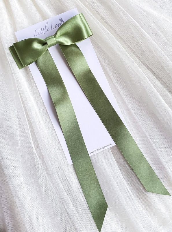 Fleur Satin Bow Barrette in Willow Green, perfect for flower girls and weddings, Oversize satin hair bow, green satin hair bow, silk satin hair bow uk, green bow for flower girl, flower girl bow satin, large silk bow uk, green satin bow, barrette, hair bow flower girl, flower girl hair accessory