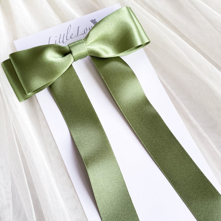 Fleur Satin Bow Barrette in Willow Green, perfect for flower girls and weddings, Oversize satin hair bow, green satin hair bow, silk satin hair bow uk, green bow for flower girl, flower girl bow satin, large silk bow uk, green satin bow, barrette, hair bow flower girl, flower girl hair accessory