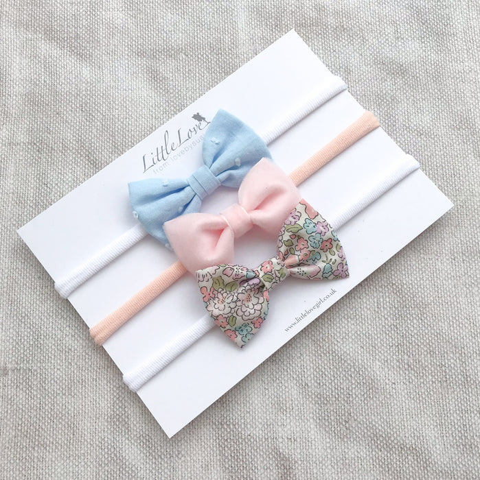 Shop Little Love luxury baby bow headband set for newborn to baby to toddler in velvet, liberty michelle and swiss dot cotton, velvet bow headband, velvet baby bow, pink velvet baby bow, velvet bow headband for baby, pink liberty print bow headband, liberty bows for baby, baby bows in liberty print, velvet baby bow