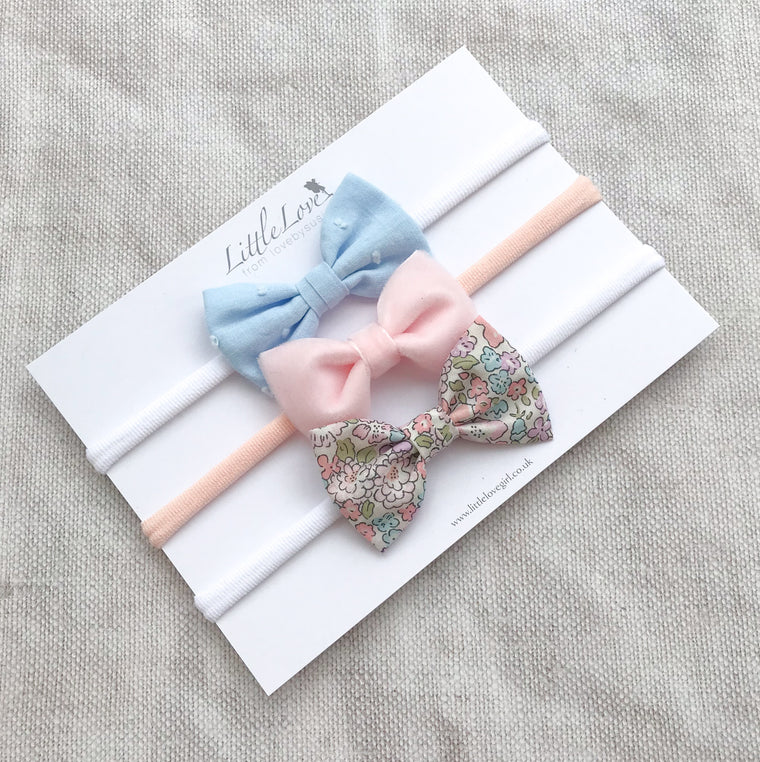 Shop Little Love luxury baby bow headband set for newborn to baby to toddler in velvet, liberty michelle and swiss dot cotton, velvet bow headband, velvet baby bow, pink velvet baby bow, velvet bow headband for baby, pink liberty print bow headband, liberty bows for baby, baby bows in liberty print, velvet baby bow