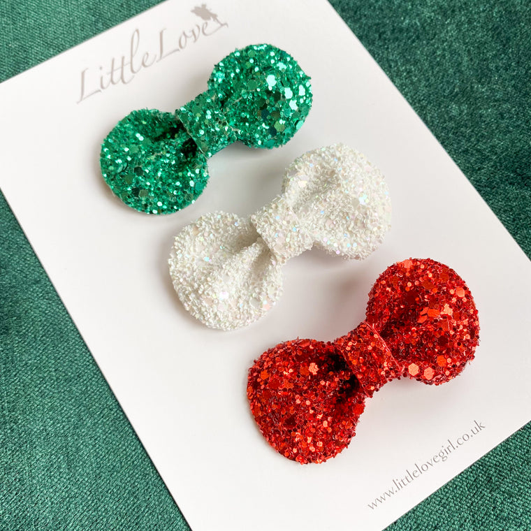 Mini Glitter Bow Hair Clip Set / CANDY CANE