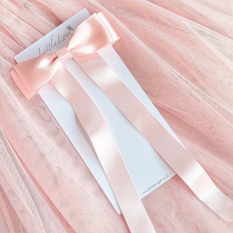 Little Love Fleur Satin Bow Barrette in Pink, perfect for flower girls and weddings, Oversize satin hair bow, pale pink satin hair bow, silk satin hair bow uk, pink bow for flower girl, flower girl bow satin, large silk bow uk, pink satin bow, satin bow barrette, hair bow in pink satin, flower girl wearing pink bow, flower girl pink hair accessory