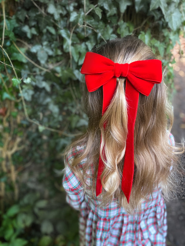 Little Love 'Ever After' velvet bow hair clip in true red, red velvet hairbow for christmas, red velvet hairbow, red velvet bow barrette, bow barrette, Christmas Hair bows, girls hair accessories uk, red Christmas hair bow, red velvet bow hair clip, Large Red Velvet Hair Bow, Girls Red Hair bow in velvet, little girls in red hair bows, vintage hair bows, little girl in tartan dress for christmas with red bow