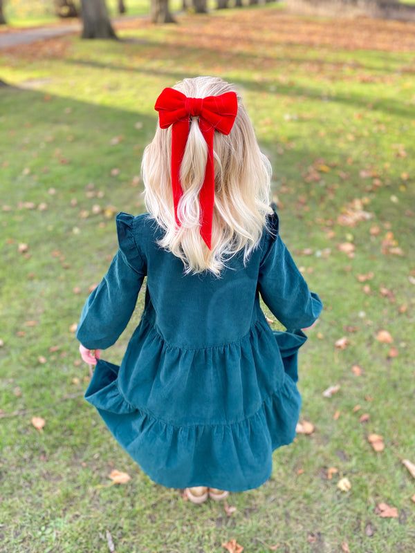 Little Love 'Ever After' velvet bow hair clip in true red, red velvet hairbow for christmas, red velvet hairbow, red velvet bow barrette, bow barrette, Christmas Hair bows, girls hair accessories uk, red Christmas hair bow, red velvet bow hair clip, Large Red Velvet Hair Bow, Girls Red Hair bow in velvet, little girls in red hair bows, vintage hair bows, little girl in green dress for christmas with red bow